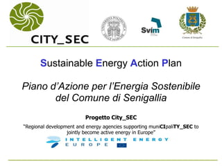 Sustainable Energy Action Plan
Piano d’Azione per l’Energia Sostenibile
del Comune di Senigallia
Progetto City_SEC
“Regional development and energy agencies supporting muniCIpaliTY_SEC to
jointly become active energy in Europe”
 