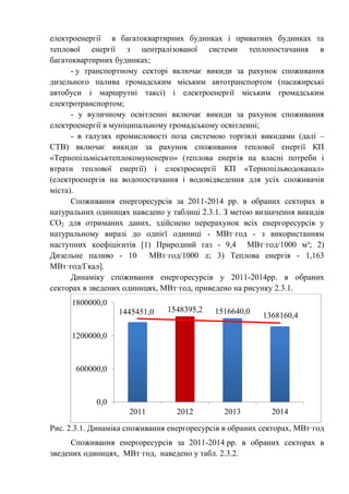 електроенергії в багатоквартирних будинках і приватних будинках та
теплової енергії з централізованої системи теплопостачання в
багатоквартирних будинках;
- у транспортному секторі включає викиди за рахунок споживання
дизельного палива громадським міським автотранспортом (пасажирські
автобуси і маршрутні таксі) і електроенергії міським громадським
електротранспортом;
- у вуличному освітленні включає викиди за рахунок споживання
електроенергії в муніципальному громадському освітленні;
- в галузях промисловості поза системою торгівлі викидами (далі –
СТВ) включає викиди за рахунок споживання теплової енергії КП
«Тернопільміськтеплокомуненерго» (теплова енергія на власні потреби і
втрати теплової енергії) і електроенергії КП «Тернопільводоканал»
(електроенергія на водопостачання і водовідведення для усіх споживачів
міста).
Споживання енергоресурсів за 2011-2014 рр. в обраних секторах в
натуральних одиницях наведено у таблиці 2.3.1. З метою визначення викидів
СО2 для отриманих даних, здійснено перерахунок всіх енергоресурсів у
натуральному виразі до однієї одиниці - МВт·год - з використанням
наступних коефіцієнтів [1) Природний газ - 9,4 МВт·год/1000 м³; 2)
Дизельне паливо - 10 МВт·год/1000 л; 3) Теплова енергія - 1,163
МВт·год/Гкал].
Динаміку споживання енергоресурсів у 2011-2014рр. в обраних
секторах в зведених одиницях, МВт·год, приведено на рисунку 2.3.1.
Рис. 2.3.1. Динаміка споживання енергоресурсів в обраних секторах, МВт·год
Споживання енергоресурсів за 2011-2014 рр. в обраних секторах в
зведених одиницях, МВт·год, наведено у табл. 2.3.2.
1445451,0 1548395,2 1516640,0
1368160,4
0,0
600000,0
1200000,0
1800000,0
2011 2012 2013 2014
 