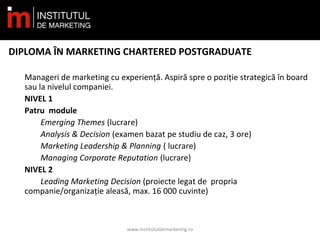DIPLOMA ÎN MARKETING CHARTERED POSTGRADUATE
Manageri de marketing cu experiență. Aspiră spre o poziție strategică în board
sau la nivelul companiei.
NIVEL 1
Patru module
Emerging Themes (lucrare)
Analysis & Decision (examen bazat pe studiu de caz, 3 ore)
Marketing Leadership & Planning ( lucrare)
Managing Corporate Reputation (lucrare)
NIVEL 2
Leading Marketing Decision (proiecte legat de propria
companie/organizație aleasă, max. 16 000 cuvinte)
www.institutuldemarketing.ro
 