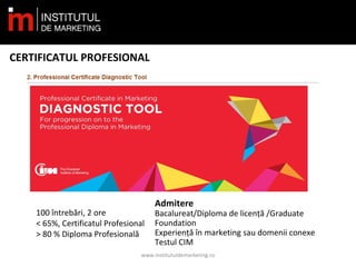 CERTIFICATUL PROFESIONAL
www.institutuldemarketing.ro
100 întrebări, 2 ore
< 65%, Certificatul Profesional
> 80 % Diploma Profesională
Admitere
Bacalureat/Diploma de licență /Graduate
Foundation
Experiență în marketing sau domenii conexe
Testul CIM
 