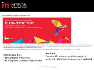 DIPLOMA PROFESIONALĂ
www.institutuldemarketing.ro
100 întrebări, 2 ore
< 65%, Diploma Profesională
> 80 % Diploma Chartered PostGraduate
Admitere
Experiență în management de proiecte de
marketing ( planificare, implementare, evaluare)
 