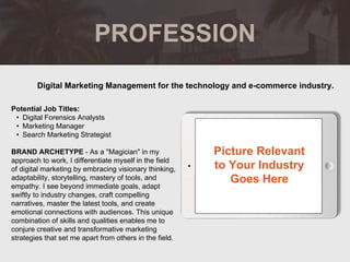 PROFESSION
Potential Job Titles:
• Digital Forensics Analysts
• Marketing Manager
• Search Marketing Strategist
BRAND ARCHETYPE - As a "Magician" in my
approach to work, I differentiate myself in the field
of digital marketing by embracing visionary thinking,
adaptability, storytelling, mastery of tools, and
empathy. I see beyond immediate goals, adapt
swiftly to industry changes, craft compelling
narratives, master the latest tools, and create
emotional connections with audiences. This unique
combination of skills and qualities enables me to
conjure creative and transformative marketing
strategies that set me apart from others in the field.
Digital Marketing Management for the technology and e-commerce industry.
Picture Relevant
to Your Industry
Goes Here
 