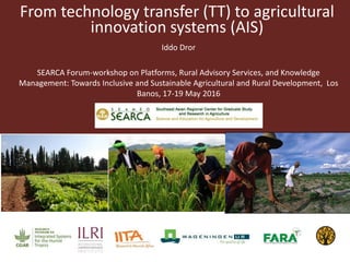 From technology transfer (TT) to agricultural
innovation systems (AIS)
Iddo Dror
SEARCA Forum-workshop on Platforms, Rural Advisory Services, and Knowledge
Management: Towards Inclusive and Sustainable Agricultural and Rural Development, Los
Banos, 17-19 May 2016
 