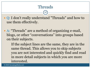 The New FamilySearch© 2008 GenealogyMedia.com 42Q: How will the New FamilySearch impact other free and paid web sites? A: This will depend on: