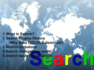 What is Search? Search Engine History       -Why does GOOGLE dominate? 3.Search Globalizes 4.Search changed our world 5.Search leads Globalization Search 