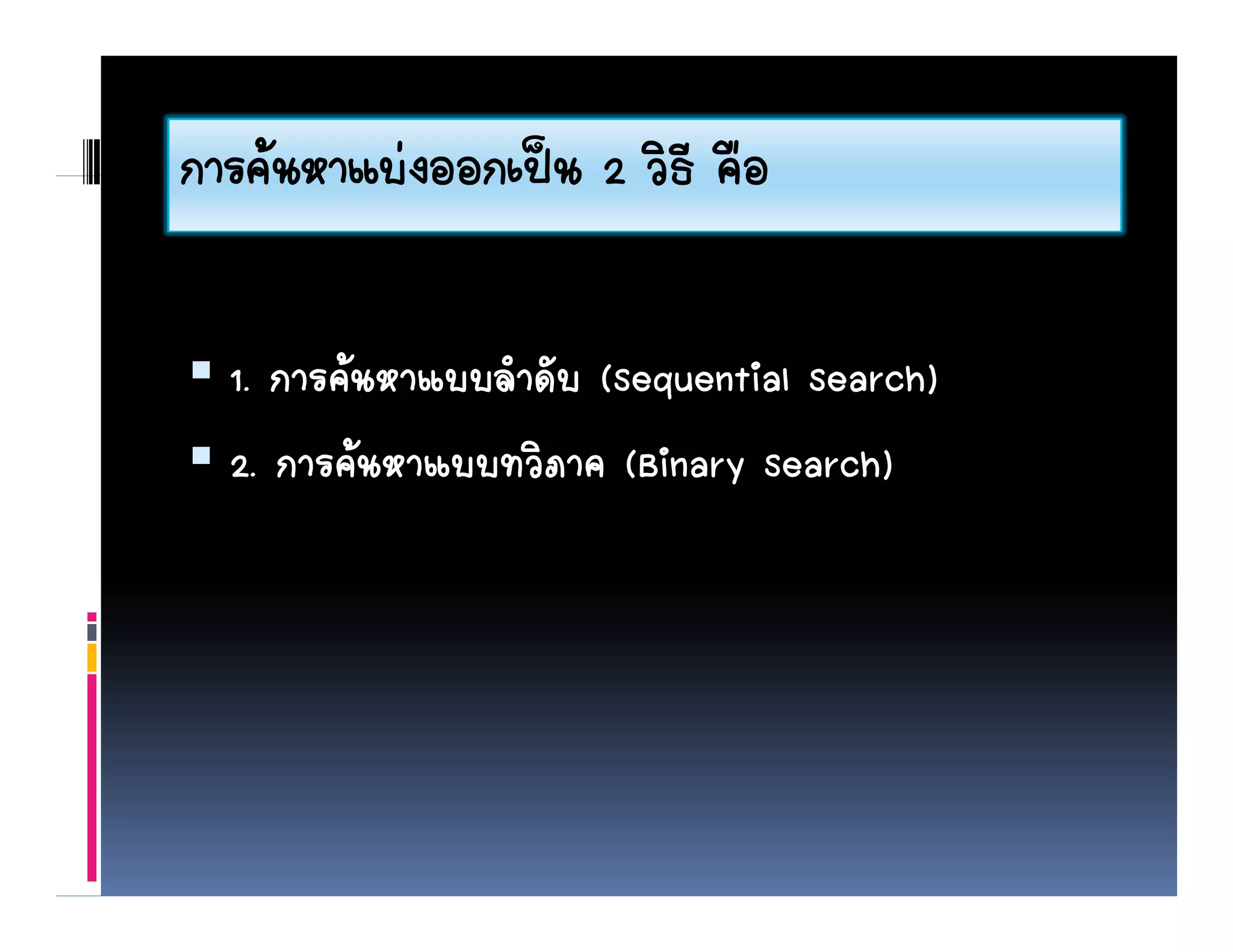 การคนหาแบงออกเปน วธ คือ
การคนหาแบงออกเปน 2 วิธี คอ

  1. การคนหาแบบลําดับ (Sequential Search)
  2. การคนหาแบบทวิภาค (Binary Search)
 