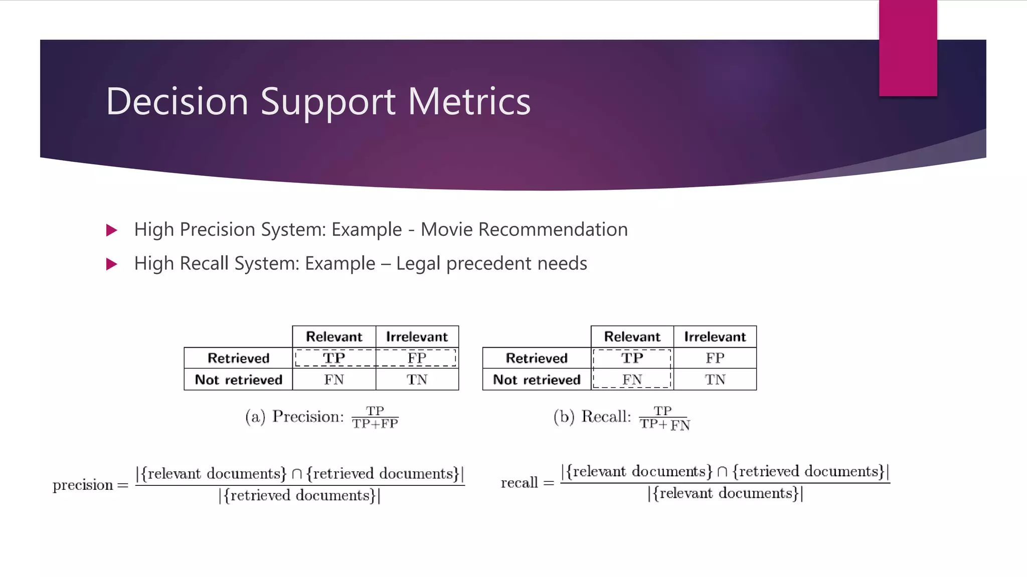 Decision Support Metrics
 High Precision System: Example - Movie Recommendation
 High Recall System: Example – Legal precedent needs
 