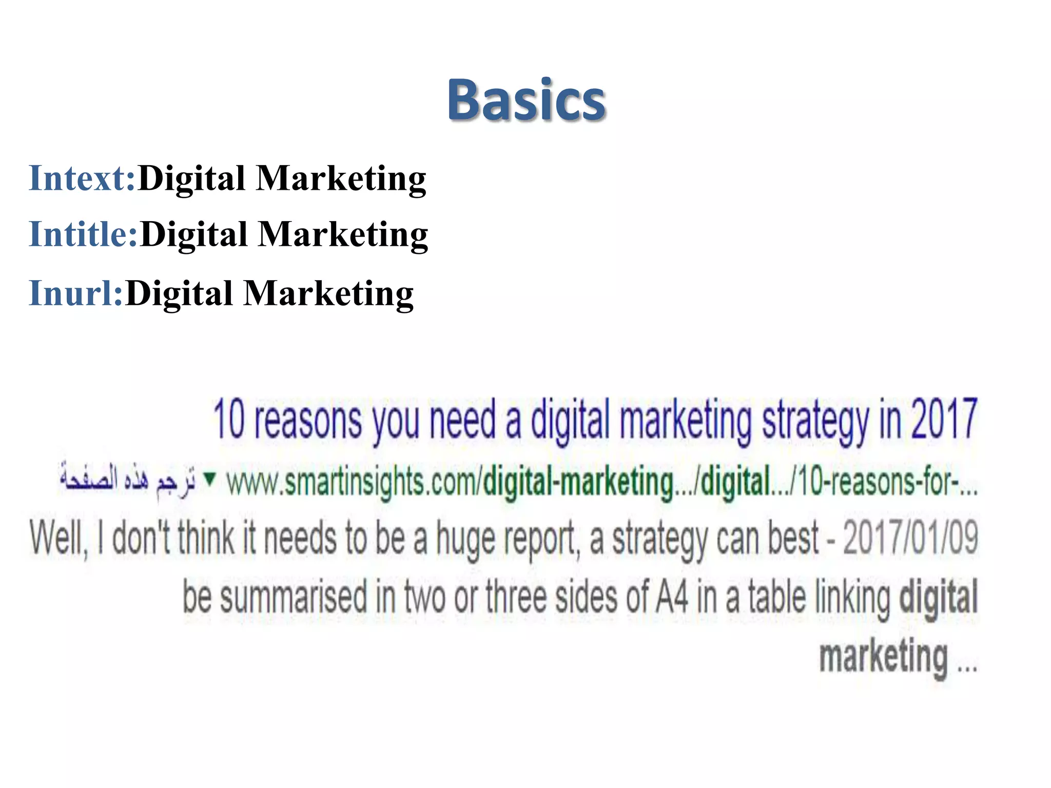 Basics
Intext:Digital Marketing
Intitle:Digital Marketing
Inurl:Digital Marketing