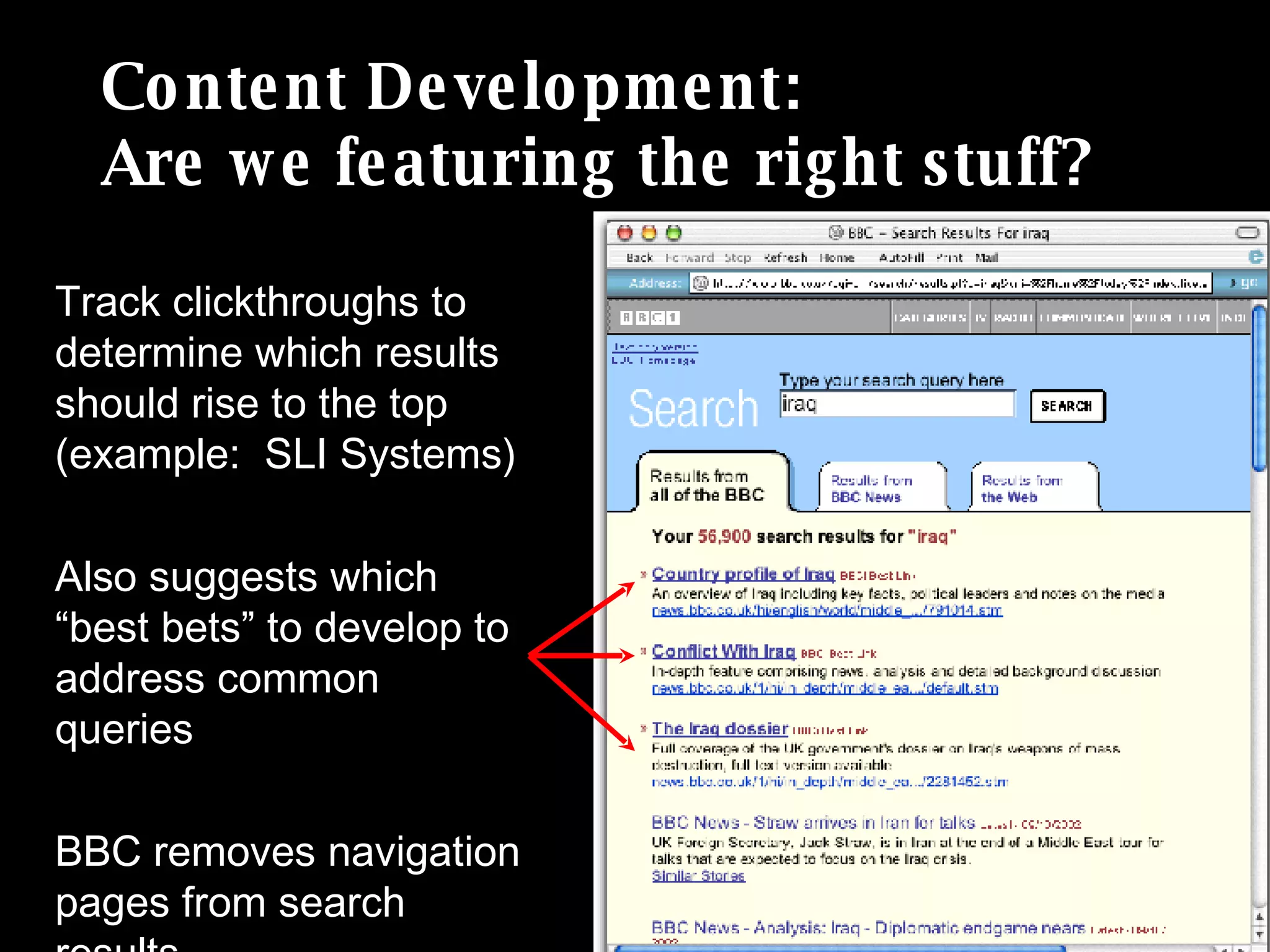 Content Development: Are we featuring the right stuff? Track clickthroughs to determine which results should rise to the top (example:  SLI Systems) Also suggests which “best bets” to develop to address common queries BBC removes navigation pages from search results 