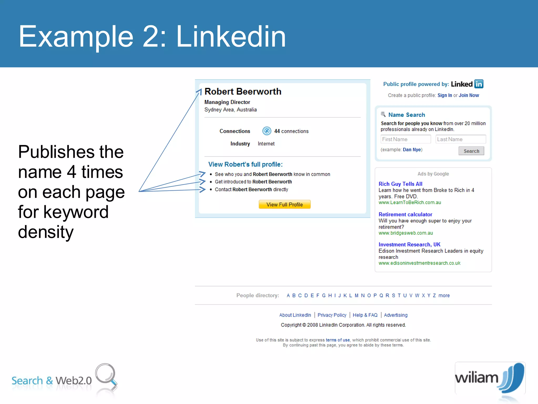 Example 2: Linkedin Publishes the name 4 times on each page for keyword density 