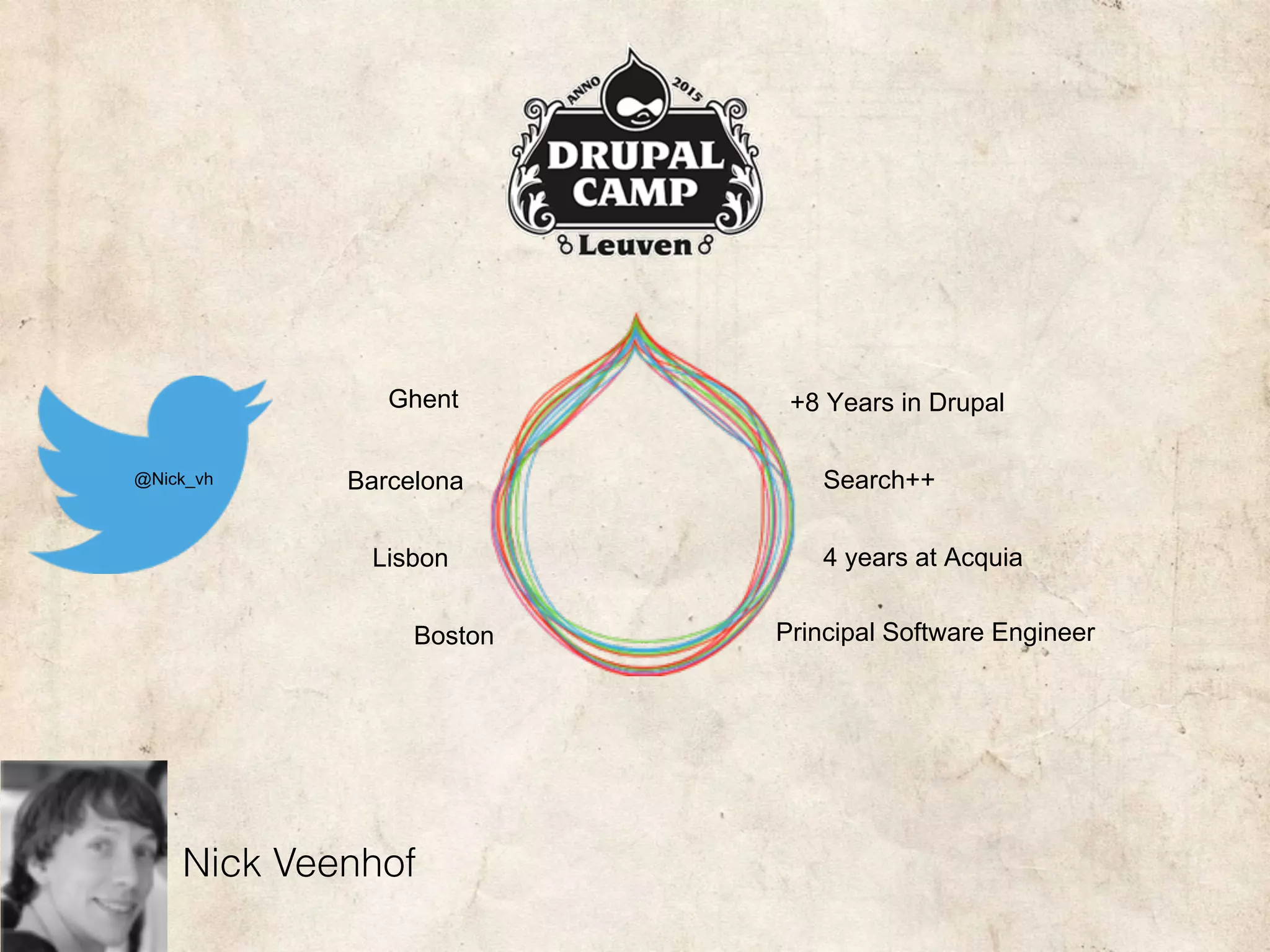 Nick Veenhof
Ghent
Barcelona
Boston
Lisbon
+8 Years in Drupal
Search++
4 years at Acquia
Principal Software Engineer
@Nick_vh
 