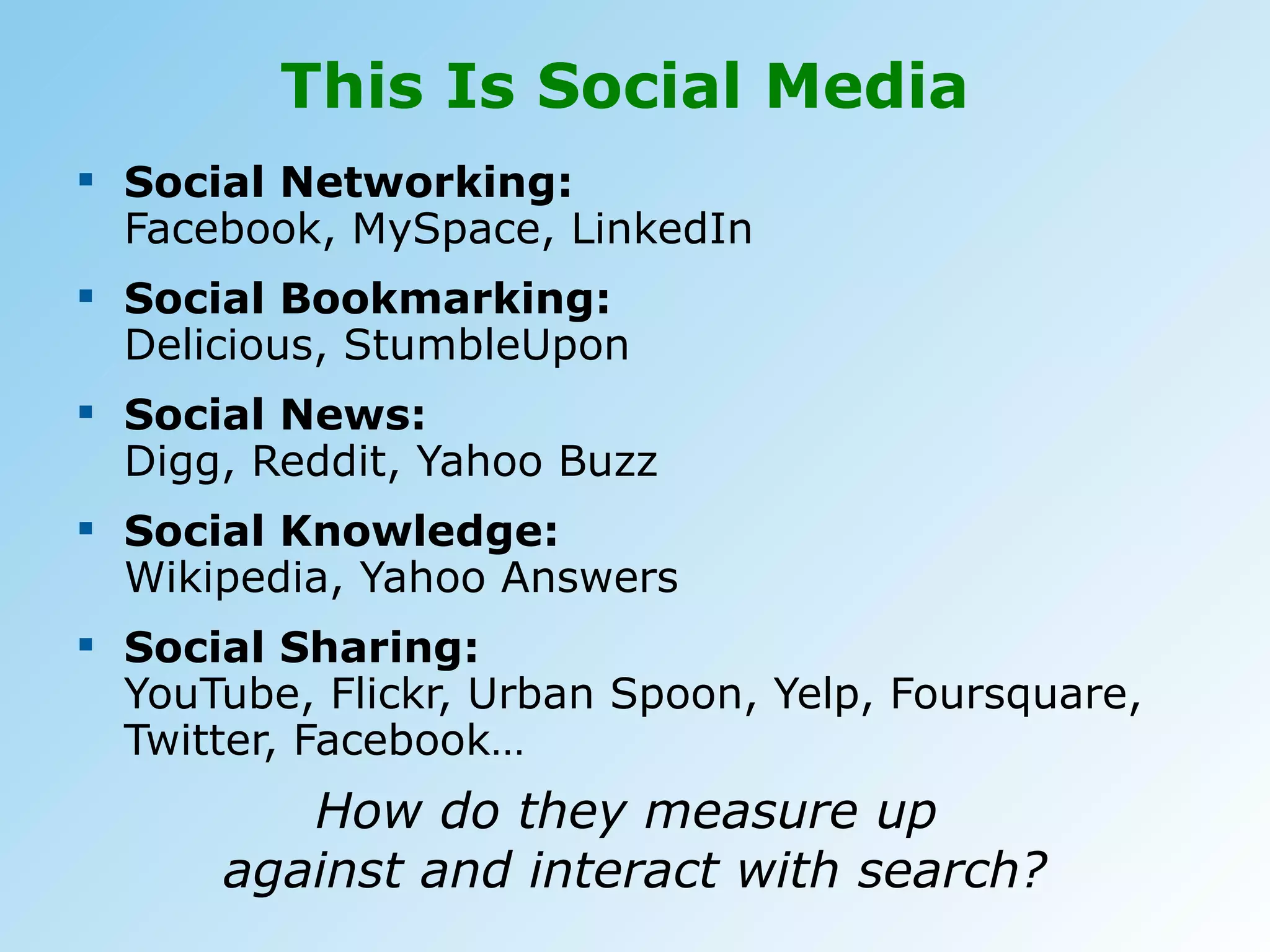 This Is Social Media  Social Networking:  Facebook, MySpace, LinkedIn Social Bookmarking:  Delicious, StumbleUpon Social News:  Digg, Reddit, Yahoo Buzz Social Knowledge:  Wikipedia, Yahoo Answers Social Sharing:  YouTube, Flickr, Urban Spoon, Yelp, Foursquare, Twitter, Facebook… How do they measure up  against and interact with search? 