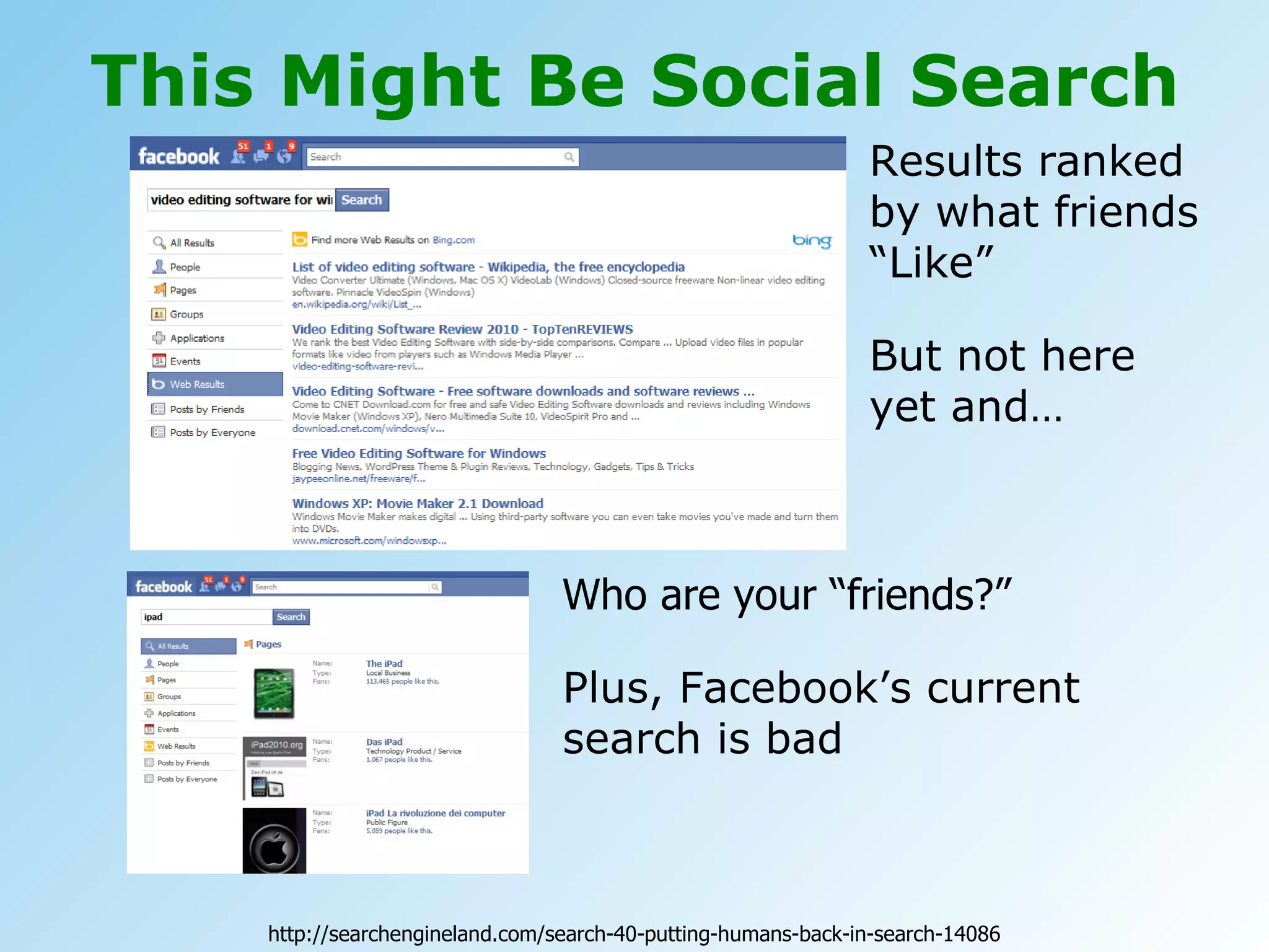 This Might Be Social Search Results ranked by what friends “Like”  But not here yet and… Who are your “friends?” Plus, Facebook’s current search is bad http://searchengineland.com/search-40-putting-humans-back-in-search-14086 