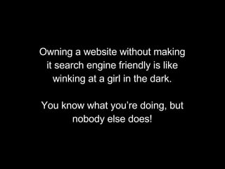 Owning a website without making it search engine friendly is like winking at a girl in the dark. You know what you’re doing, but nobody else does! 