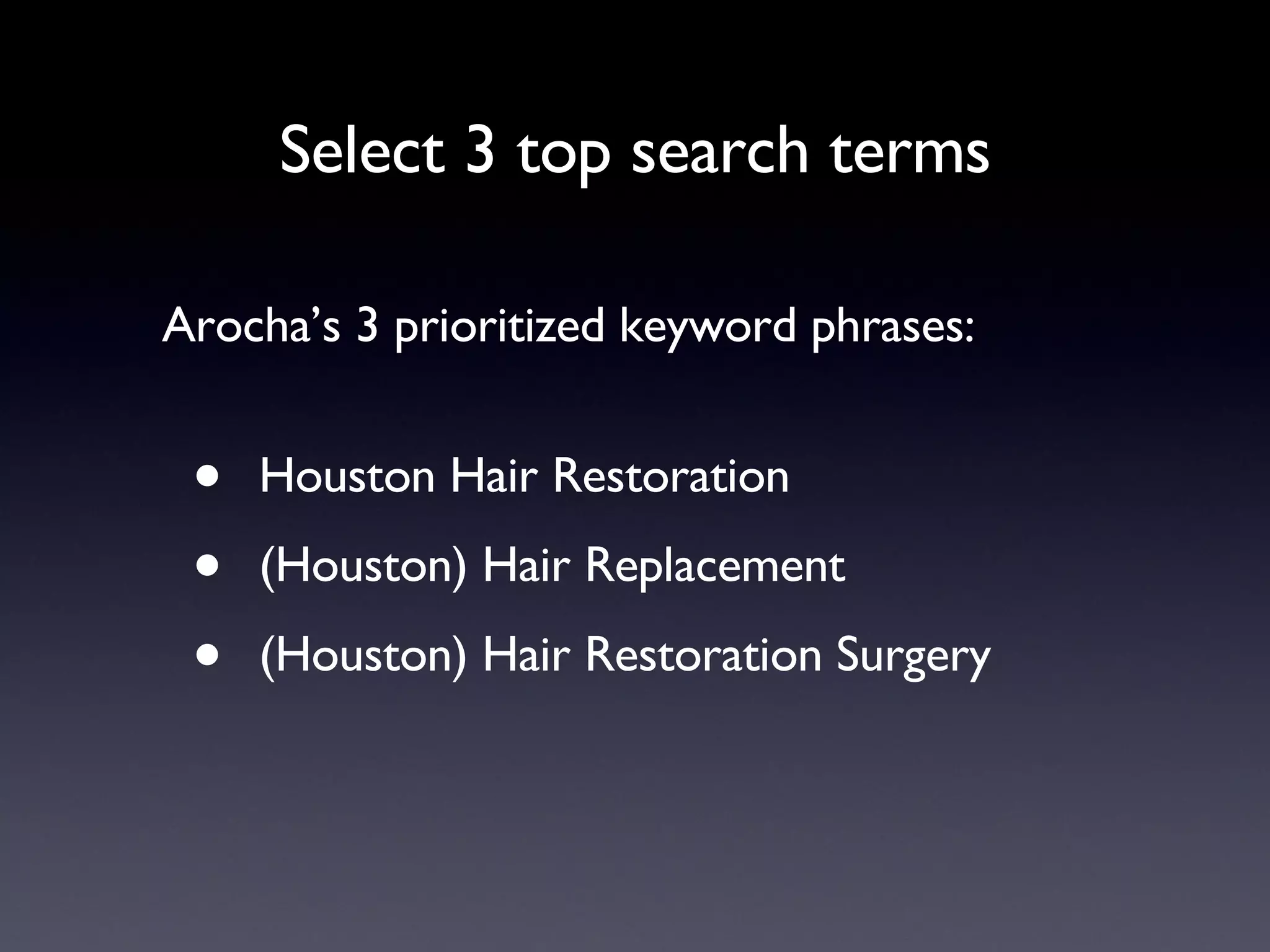 Select 3 top search terms Arocha’s 3 prioritized keyword phrases: Houston Hair Restoration (Houston) Hair Replacement (Houston) Hair Restoration Surgery 