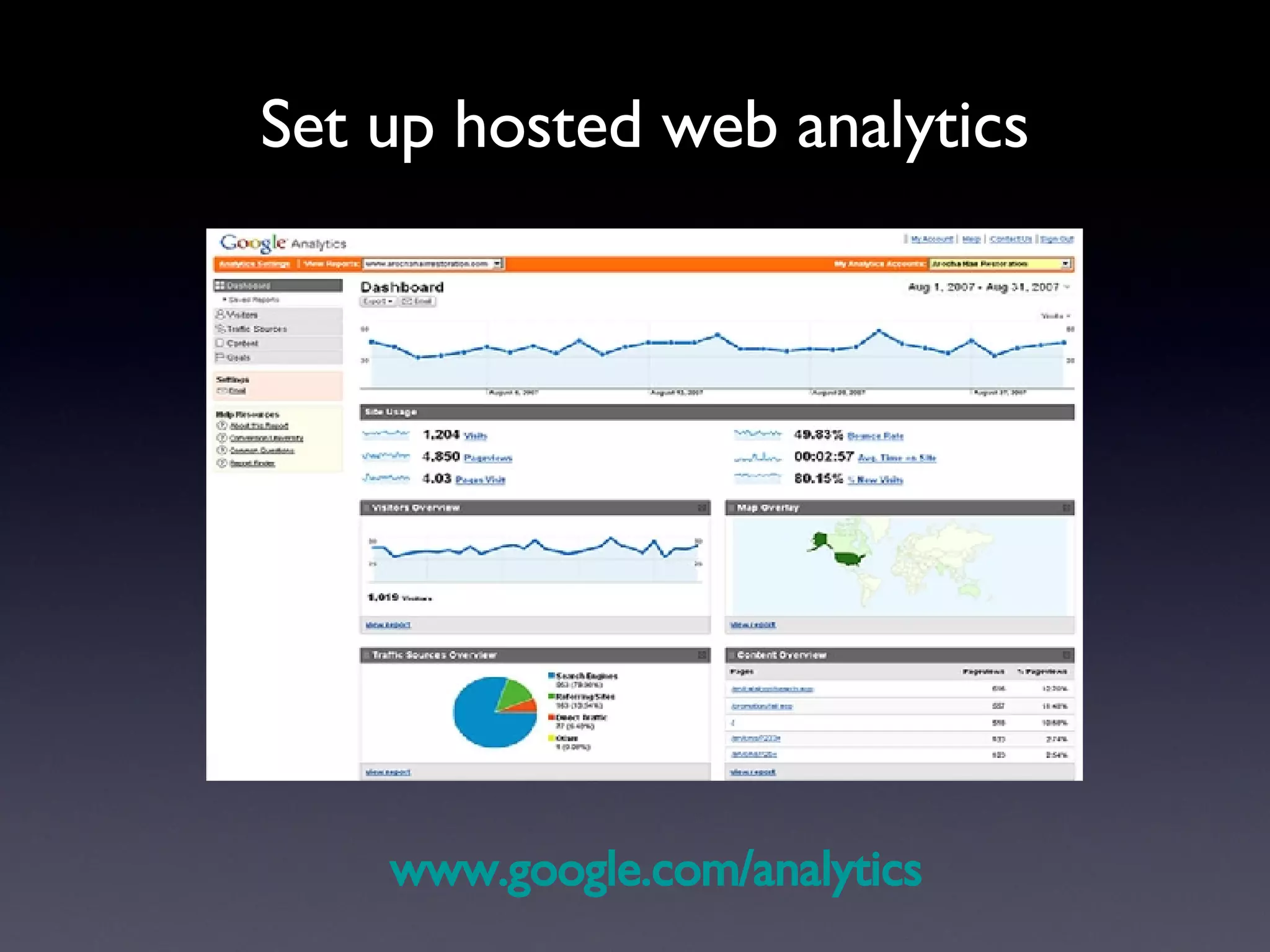 Set up hosted web analytics www.google.com /analytics 