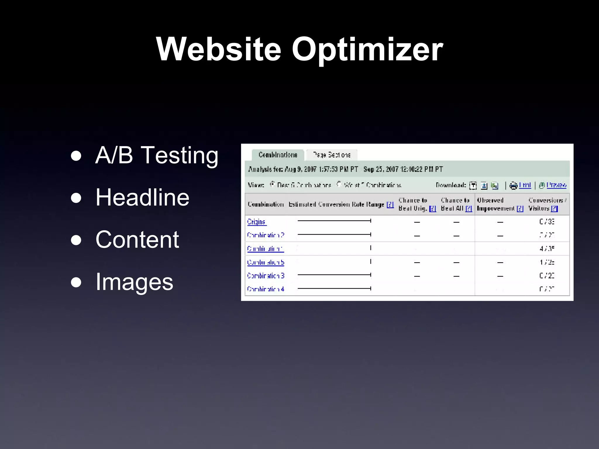 Website Optimizer A/B Testing Headline Content Images  
