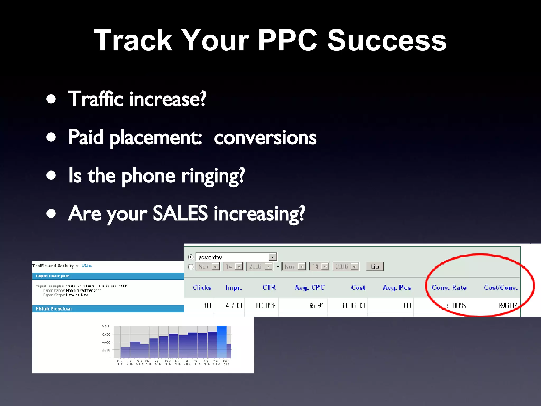 Track Your PPC Success Traffic increase? Paid placement:  conversions Is the phone ringing? Are your SALES increasing? 