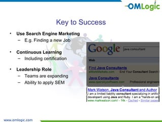 Key to Success Use Search Engine Marketing E.g. Finding a new Job  Continuous Learning Including certification  Leadership Role Teams are expanding Ability to apply SEM 