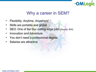 Why a career in SEM? Flexibility: Anytime, Anywhere! Skills are portable and global SEO: One of the four cutting-edge jobs  (Source: RHI) Innovation and Adventure You don’t need a professional degree Salaries are attractive 