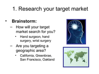 1. Research your target market Brainstorm: How will your target market search for you? Hand surgeon, hand surgery, wrist surgery Are you targeting a geographic area? California, Greenbrae, San Francisco, Oakland 