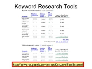 Keyword Research Tools http://adwords.google.com/select/KeywordToolExternal 
