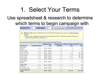 1.  Select Your Terms Use spreadsheet & research to determine which terms to begin campaign with 