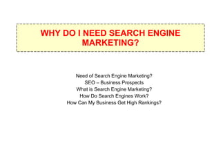 WHY DO I NEED SEARCH ENGINE MARKETING? Need of Search Engine Marketing? SEO – Business Prospects What is Search Engine Marketing? How Do Search Engines Work? How Can My Business Get High Rankings? 