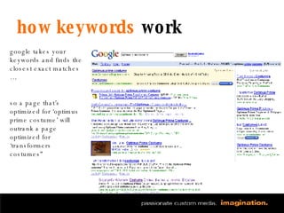 how keywords  work google takes your keywords and finds the closest exact matches … so a page that’s optimized for ‘optimus prime costume’ will outrank a page optimized for ‘transformers costumes” 