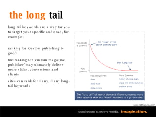the long  tail long tail keywords are a way for you to target your specific audience, for example: ranking for ‘custom publishing’ is good but ranking for ‘custom magazine publisher’ may ultimately deliver more clicks, conversions and clients sites can rank for many, many long-tail keywords — source: SEOmoz.org, 2007 