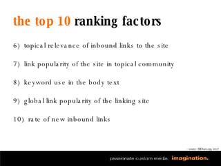 the top 10  ranking factors 6)  topical relevance of inbound links to the site 7)  link popularity of the site in topical community 8)  keyword use in the body text 9)  global link popularity of the linking site 10)  rate of new inbound links — source: SEOmoz.org, 2007 