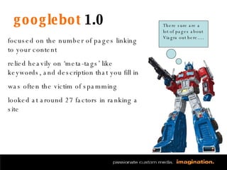 googlebot  1.0 There sure are a lot of pages about Viagra out here…. focused on the number of pages linking to your content relied heavily on ‘meta-tags’ like keywords, and description that you fill in was often the victim of spamming looked at around 27 factors in ranking a site 
