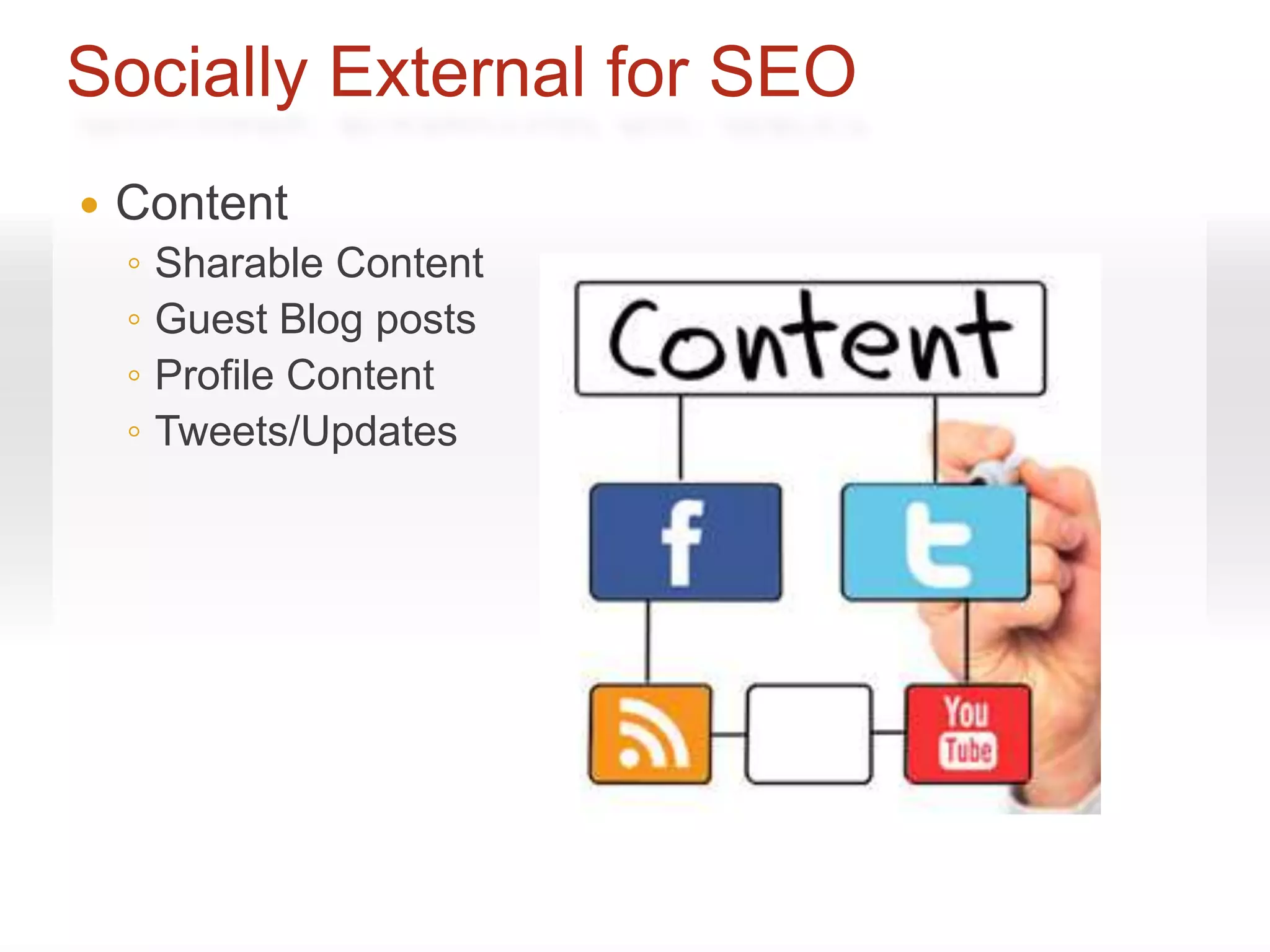 Socially External for SEO
   Content
    ◦   Sharable Content
    ◦   Guest Blog posts
    ◦   Profile Content
    ◦   Tweets/Updates
 