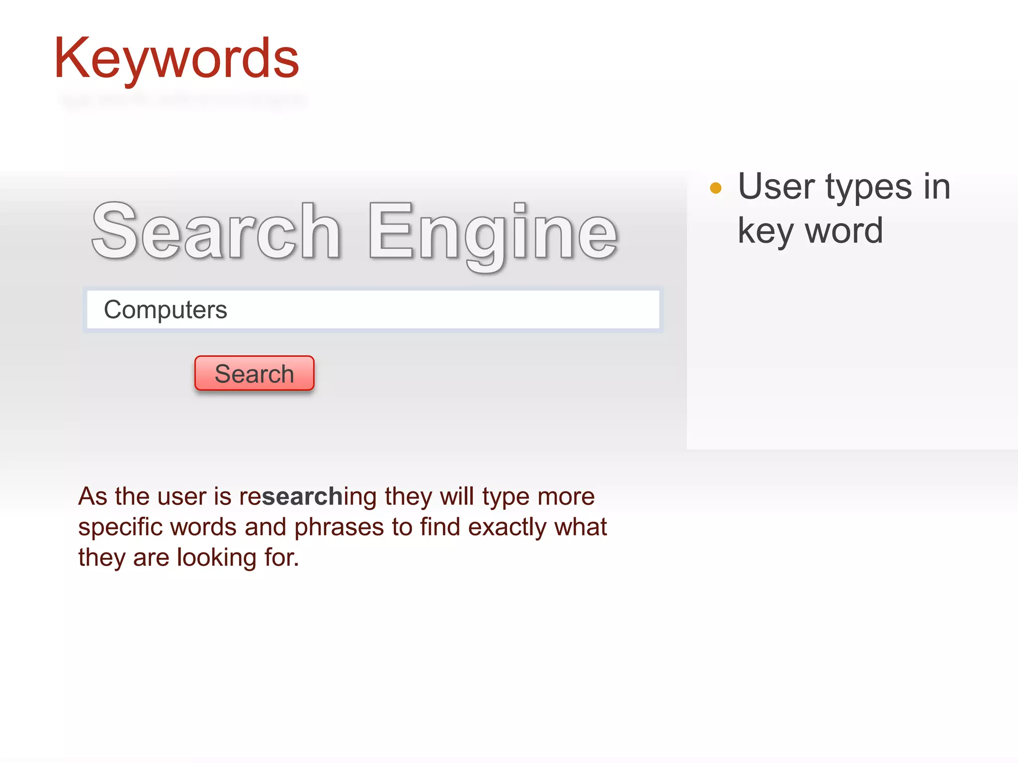 Keywords

                                                     User types in
                                                      key word

  Computers

            Search



As the user is researching they will type more
specific words and phrases to find exactly what
they are looking for.
 