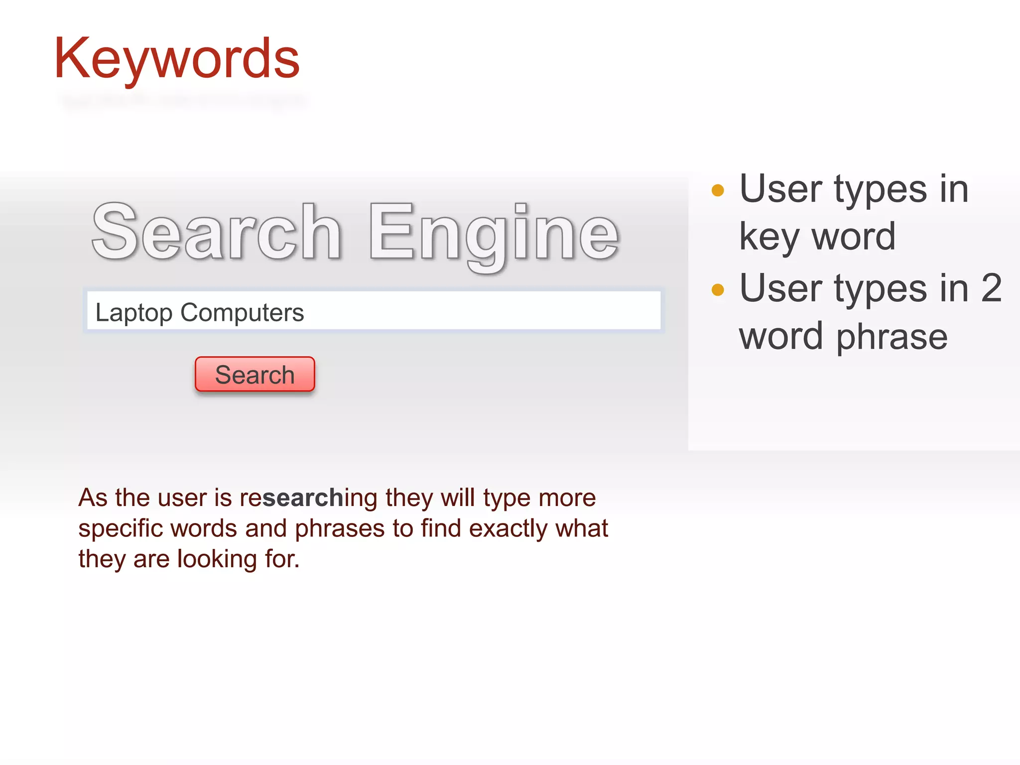Keywords

                                                   User types in
                                                    key word
                                                   User types in 2
 Laptop Computers
                                                    word phrase
            Search



As the user is researching they will type more
specific words and phrases to find exactly what
they are looking for.
 