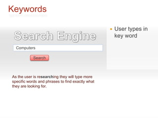 Keywords

                                                     User types in
                                                      key word

  Computers

            Search



As the user is researching they will type more
specific words and phrases to find exactly what
they are looking for.
 