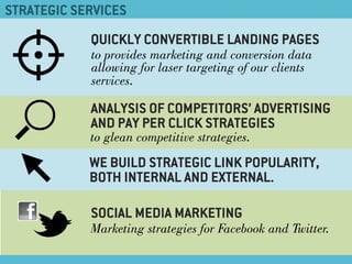 STRATEGIC SERVICES
ANALYSIS OF COMPETITORS’ ADVERTISING
AND PAY PER CLICK STRATEGIES
to glean competitive strategies.
QUICKLY CONVERTIBLE LANDING PAGES
to provides marketing and conversion data
allowing for laser targeting of our clients
services.
WE BUILD STRATEGIC LINK POPULARITY,
BOTH INTERNAL AND EXTERNAL.
SOCIAL MEDIA MARKETING
Marketing strategies for Facebook and Twitter.
 