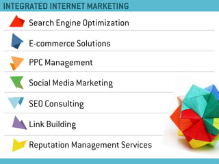 Search Engine Optimization
E-commerce Solutions
PPC Management
Social Media Marketing
SEO Consulting
Reputation Management Services
Link Building
INTEGRATED INTERNET MARKETING
 