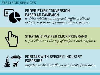 STRATEGIC SERVICES
PROPRIETARY CONVERSION
BASED AD CAMPAIGN
to drive additional targeted traffic to clients
website to provide optimum online exposure.
PORTALS WITH SPECIFIC INDUSTRY
EXPOSURE
STRATEGIC PAY PER CLICK PROGRAMS
to put clients on the top of major search engines.
targeted to drive traffic to our clients front door.
 