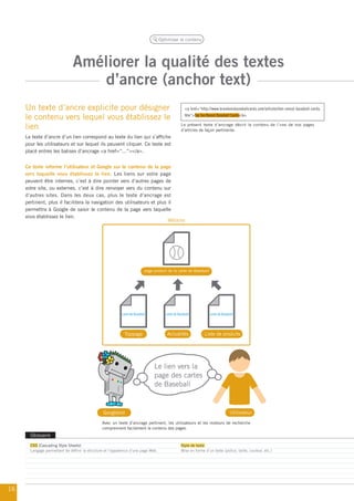 Améliorer la qualité des textes 
d’ancre (anchor text) 
Optimiser le contenu 
Le texte d’ancre d’un lien correspond au texte du lien qui s’affiche 
pour les utilisateurs et sur lequel ils peuvent cliquer. Ce texte est 
placé entres les balises d’ancrage <a href=“...”></a>. 
Ce texte informe l’utilisateur et Google sur le contenu de la page 
vers laquelle vous établissez le lien. Les liens sur votre page 
peuvent être internes, c’est à dire pointer vers d’autres pages de 
votre site, ou externes, c’est à dire renvoyer vers du contenu sur 
d’autres sites. Dans les deux cas, plus le texte d’ancrage est 
pertinent, plus il facilitera la navigation des utilisateurs et plus il 
permettra à Google de saisir le contenu de la page vers laquelle 
vous établissez le lien. 
Un texte d’ancre explicite pour désigner 
le contenu vers lequel vous établissez le 
lien 
Glossaire 
<a href=“http://www.brandonsbaseballcards.com/articles/ten-rarest-baseball-cards. 
htm”>Top Ten Rarest Baseball Cards</a> 
Le présent texte d’ancrage décrit le contenu de l’une de nos pages 
d’articles de façon pertinente. 
Website 
page produit de la carte de Baseball 
Toppage 
carte de Baseball 
Actualités 
carte de Baseball carte de Baseball 
Liste de produits 
Le lien vers la 
page des cartes 
de Baseball 
Googlebot Utilisateur 
Avec un texte d’ancrage pertinent, les utilisateurs et les moteurs de recherche 
comprennent facilement le contenu des pages. 
CSS (Cascading Style Sheets) 
Langage permettant de définir la structure et l’apparence d’une page Web. 
Style de texte 
Mise en forme d’un texte (police, taille, couleur, etc.) 
16 
 