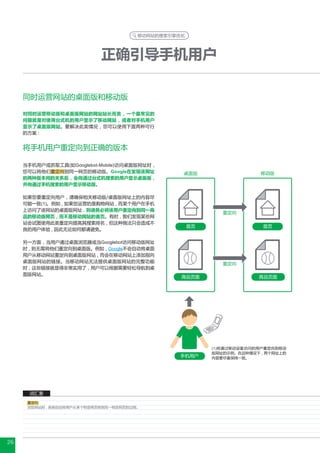 移动网站的搜索引擎优化




                            正确引导手机用户

     同时运营网站的桌面版和移动版

     对同时运营移动版和桌面版网站的网站站长而言 , 一个最常见的
     问题就是对使用台式机的用户显示了移动网站 , 或者对手机用户
     显示了桌面版网站。要解决此类情况 , 您可以使用下面两种可行
     的方案 :


     将手机用户重定向到正确的版本

     当手机用户或抓取工具(如Googlebot-Mobile)访问桌面版网址时 ,
     您可以将他们重定向到同一网页的移动版。Google在发现该网址             桌面版                    移动版
     的两种版本间的关系后 , 会向通过台式机搜索的用户显示桌面版 ,
     并向通过手机搜索的用户显示移动版。

     如果您要重定向用户 , 请确保相关移动版/桌面版网址上的内容尽
     可能一致(1)。例如 , 如果您运营的是购物网站 , 而某个用户在手机
     上访问了该网站的桌面版网址 , 则请务必将该用户重定向到同一商
                                                             重定向
     品的移动版网页 , 而不是移动网站的首页。有时 , 我们发现某些网
     站会试图使用此类重定向提高其搜索排名 , 但这种做法只会造成不
                                                     首页                  首页
     良的用户体验 , 因此无论如何都请避免。

     另一方面 , 当用户通过桌面浏览器或当Googlebot访问移动版网址
     时 , 则无需将他们重定向到桌面版。例如 , Google不会自动将桌面
     用户从移动网站重定向到桌面版网站 , 而会在移动网站上添加指向
     桌面版网站的链接。当移动网站无法提供桌面版网站的完整功能                            重定向
     时 , 这些链接就显得非常实用了 , 用户可以根据需要轻松导航到桌
     面版网站。
                                                 商品页面                  商品页面




                                                          (1)将通过移动设备访问的用户重定向到移动
                                                          版网址的示例。在这种情况下 , 两个网址上的
                                                手机用户      内容要尽量保持一致。




       词汇表
      重定向
      浏览网站时 , 系统自动将用户从某个特定网页转到另一特定网页的过程。




26
 