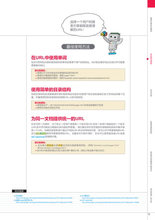 搜
                                                                                                                                                             索
                                                                                                                                                             引
                                                                      选择一个用户和搜                                                                               擎
                                                                                                                                                             优
                                                                      索引擎都能容易理                                                                               化
                                                                                                                                                             基
                                                                      解的URL!                                                                                 础




                                                                 最佳使用方法
                                                                                                                                                             优
                                                                                                                                                             化

                   在URL中使用单词                                                                                                                                 网
                                                                                                                                                             站
                                                                                                                                                             结
                   包含与您网站内容和结构相关的单词会更便于用户浏览网站。访问者会更好地记住他们并可能更                                                                                                构
                   愿意链向他们。

                        请注意避免 :
                         使用过于冗长并包含无关参数和会话ID的URL
                         使用过于概括的页面名 , 例如‘page1.html’
                         使用过度堆砌的关键字 , 例如‘baseball-cards-baseball-cards-baseballcards.htm’




                   使用简单的目录结构                                                                                                                                 优
                                                                                                                                                             化
                                                                                                                                                             内
                   您的目录结构应该能够很好地归纳您网站内容并且使用户轻松地知道他们处于您网站的哪个位                                                                                                 容
                   置。尽量使用您的目录结构来指明URL上的内容类型。

                        请注意避免 :
                         使用类似于“.../dir1/dir2/dir3/dir4/dir5/dir6/page.html”的多层嵌套的子目录
                         使用与内容无关的文件名




                   为同一文档提供统一的URL                                                                                                                             处
                                                                                                                                                             理
                   在访问同一内容时 , 为了防止一些用户链接到一个版本的URL而另一些用户链接到另一个版本                                                                                              页
                                                                                                                                                             面
                   (URL的不同可能会分散弱化该内容的声誉值) , 我们建议您在您页面的内部链接和结构中集中使                                                                                            的
                                                                                                                                                             抓
                   用一个URL。如果您发现有用户通过不同的URL来访问同样的内容 , 您可以对不希望使用的URL                                                                                           取
                   设立301重定向到您所期望使用的URL。当重定向不起作用时 , 你也可以使用首选域URL或者
                   rel=“canonical”的链接元素。

                        请注意避免 :
                         无论是从根目录还是子域访问的内容都是相同的。(例如 “domain.com/page.htm”
                         和“sub.domain.com/page.htm”)
                         在URL中使用奇怪的大写(大部分用户喜欢小写 , 而且小写也便于他们记忆)                                                                                               移
                                                                                                                                                             动
                                                                                                                                                             网
                                                                                                                                                             站
                                                                                                                                                             的
                                                                                                                                                             搜
                                                                                                                                                             索
                                                                                                                                                             引
                                                                                                                                                             擎
                                                                                                                                                             优
                                                                                                                                                             化




                                                                                                                                                             网
                                                                                                                                                             站
相关链接                                                                                                                                                         的
                                                                                                                                                             推
动态链接 :                                                                      301重定向                                                                           广
                                                                                                                                                             和
http://www.google.com/support/webmasters/bin/answer.py?hl=cn&answer=40349   http://www.google.com/support/webmasters/bin/answer.py?hl=cn&answer=93633        分
创建Google友好的URL                                                              rel=“canonical”                                                                  析
http://www.google.com/support/webmasters/bin/answer.py?hl=cn&answer=76329   http://www.google.com/support/webmasters/bin/answer.py?hl=cn&answer=139394




                                                                                                                                                         9
 