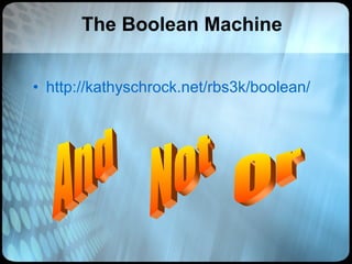 The Boolean Machine http://kathyschrock.net/rbs3k/boolean/ Not And Or 