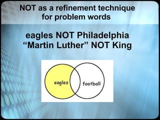 NOT as a refinement technique for problem words  eagles NOT Philadelphia “Martin Luther” NOT King 
