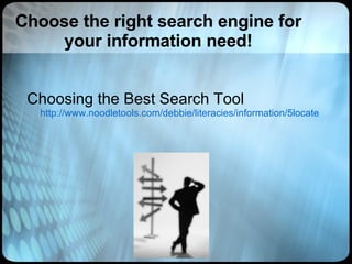Choose the right search engine for your information need! Choosing the Best Search Tool  http://www.noodletools.com/debbie/literacies/information/5locate/adviceengine.html   