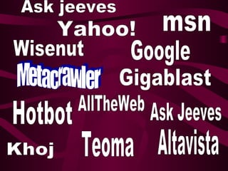 Yahoo! Google Metacrawler Ask Jeeves Khoj msn Gigablast Teoma Hotbot Wisenut Altavista Ask jeeves AllTheWeb 