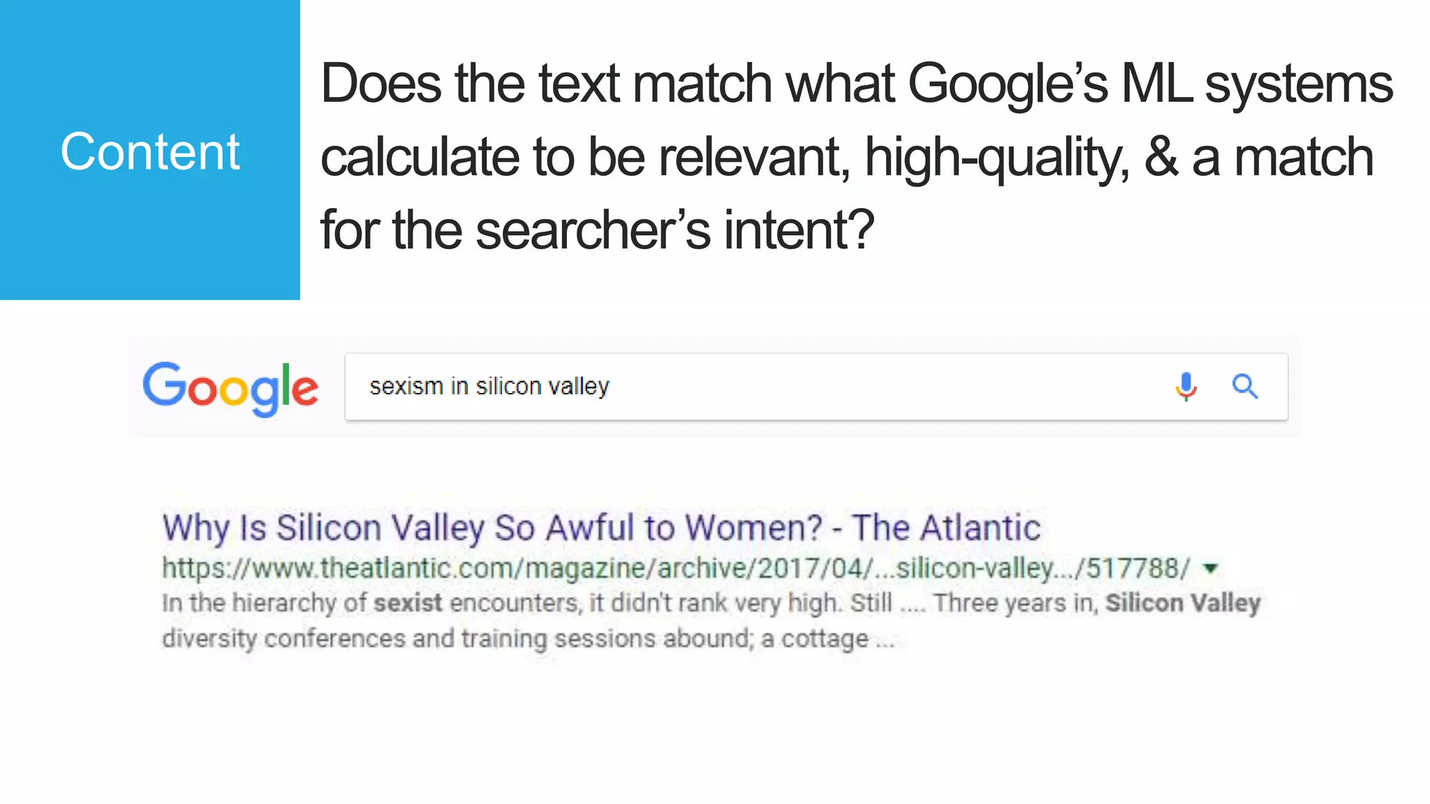 Does the text match what Google’s ML systems
calculate to be relevant, high-quality, & a match
for the searcher’s intent?
Content
 