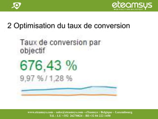 Faites travailler le web pour vous!
www.eteamsys.com - sales@eteamsys.com
www.eteamsys.com – sales@eteamsys.com - eTeamsys : Belgique – Luxembourg
Tél. : LU +352 26270824 – BE+32 04 222 1450
2 Optimisation du taux de conversion
 