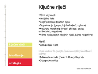 Ključne riječi
Core keywordi
Inicijalne liste
Segmentiranje ključnih riječi
Organizacija (grupa, ključnih riječi, oglasa)
Keyword matching (broad, phrase, exact,
embedded, negative)
Nema nepoželjnih ključnih riječi, samo negativne!
Alati?
Google KW Tool
https://adwords.google.com/select/KeywordToolE
xternal
AdWords reports (Search Query Report)
Google Analytics
www.seekandhit.com
 