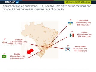 #Intercon2012 #Metricas

Analisar a taxa de conversão, ROI, Bounce Rate entre outras métricas por
cidade, irá nos dar muitos insumos para otimização.


                                                         2º           Santo André
                                                                  56 conversões (1,6%)
                                                                   598 visitas (1,3%)



                                                          4º             Osasco
                                                                    47 conversões (1,3%)
                                                                     824 visitas (1,8%)
1º            São Paulo
        2.844 conversões (79%)
     33.238 visitas (73%)
                                                    5º           Rio de Janeiro
                                                               29 conversões (1,1%)
                                                                541 visitas (1,2%)
3º           Curitiba
       51 conversões (1,4%)
       5.550 visitas (9,2%)
 